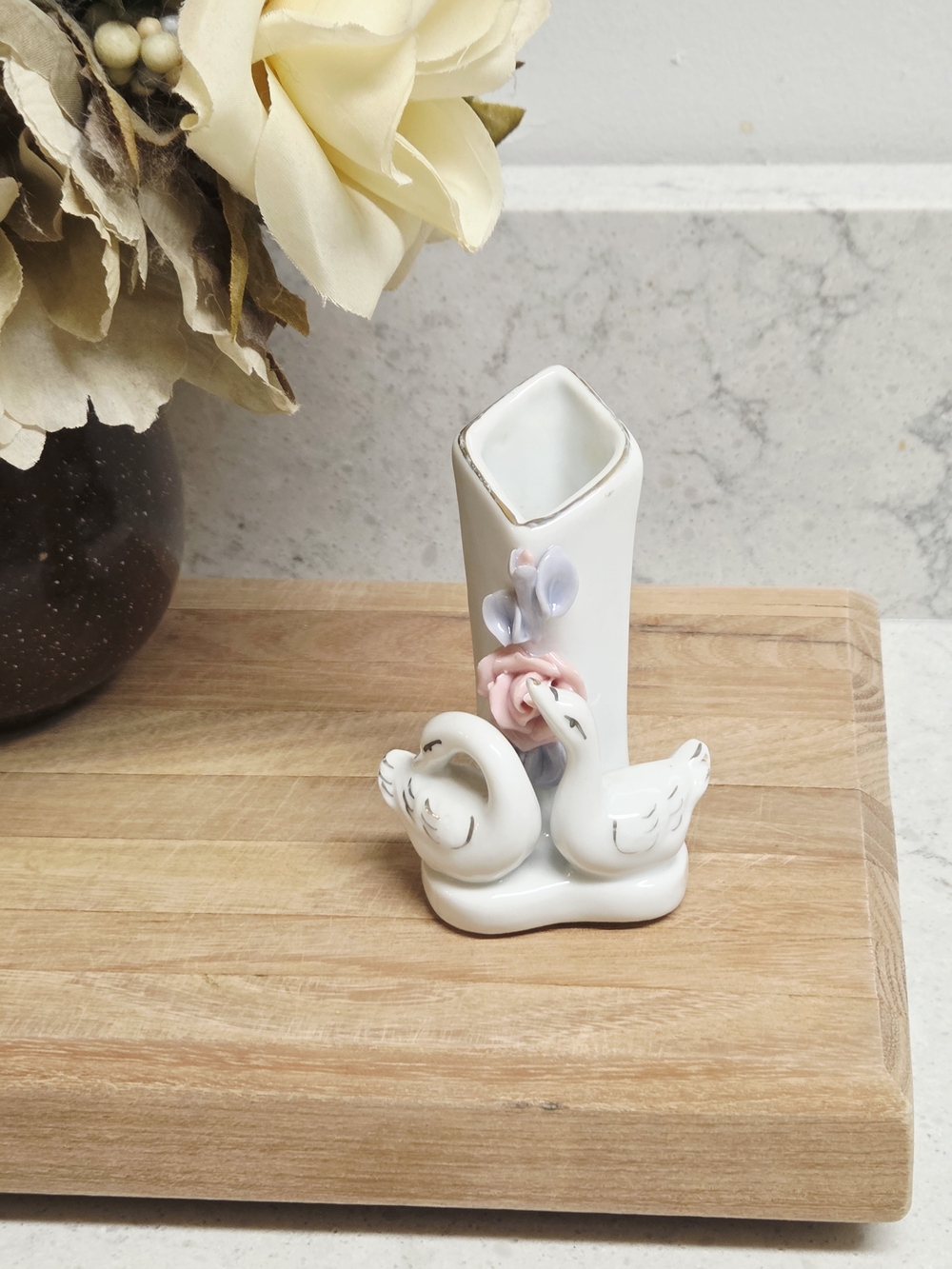 White Swan Ceramic Bud Vase with Pastel Rose Accent